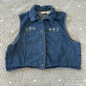 Bobbie Brooks VTG 90s Denim Vest Womens L Embroidered Floral Cottage Core